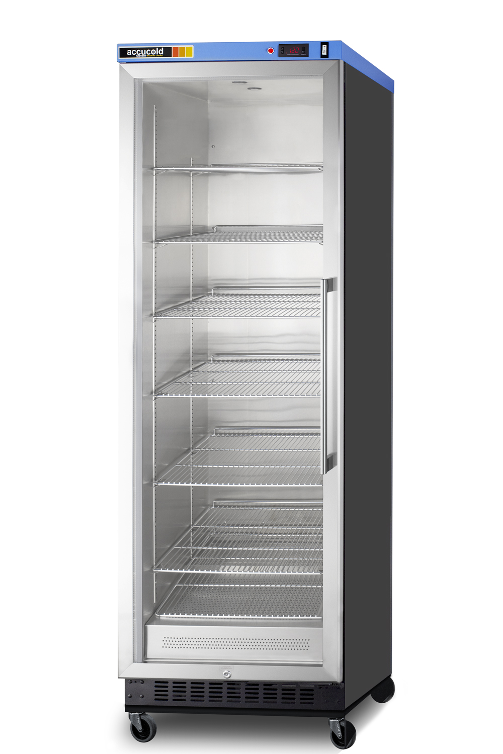 Single chamber passive heating blanket warmer with a self-closing glass door, stainless steel interior, digital thermostat, black cabinet, and lock